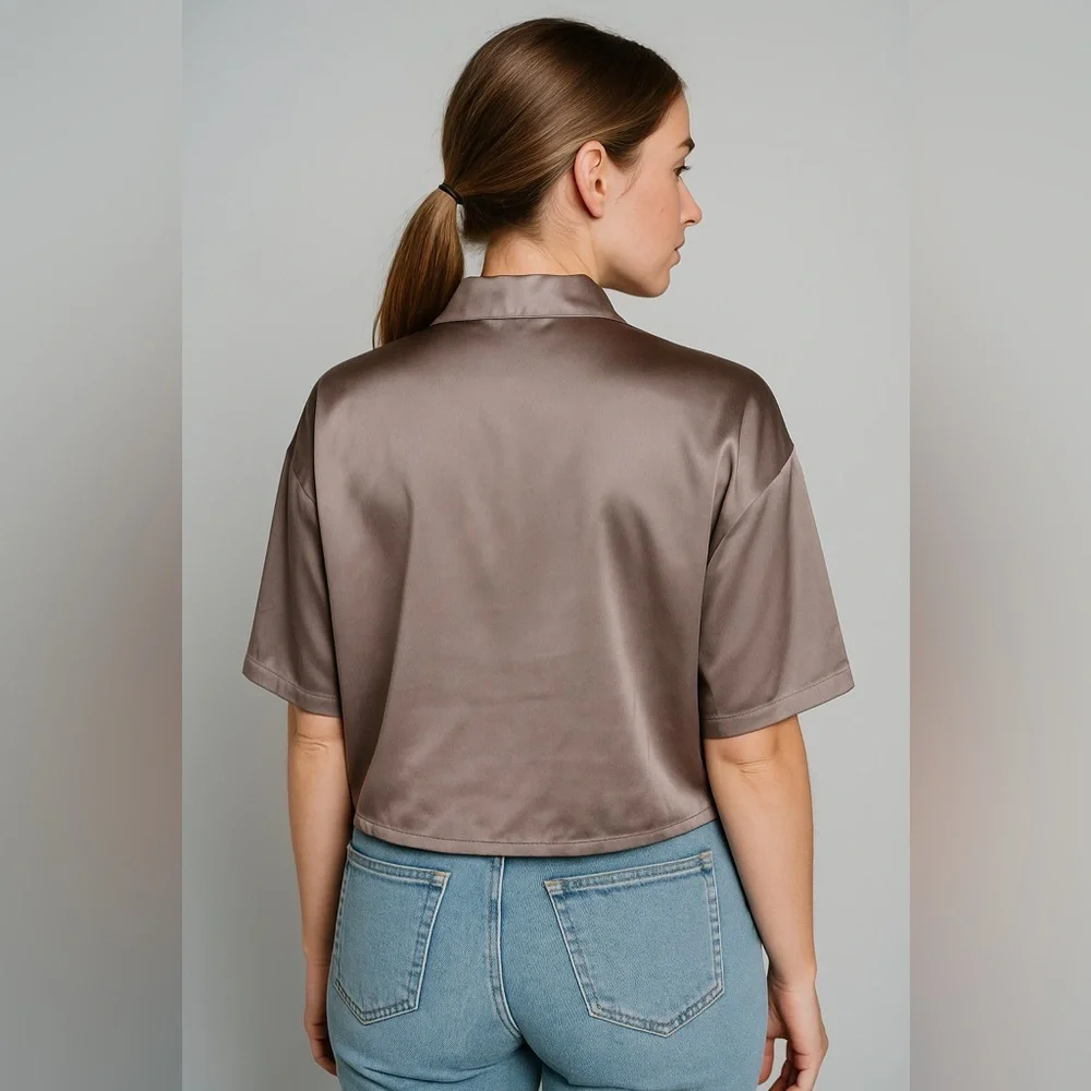 Abercrombie & Fitch Womens Gray Satin Button-Down Blouse Short Sleeve Size L - Picture 3 of 15
